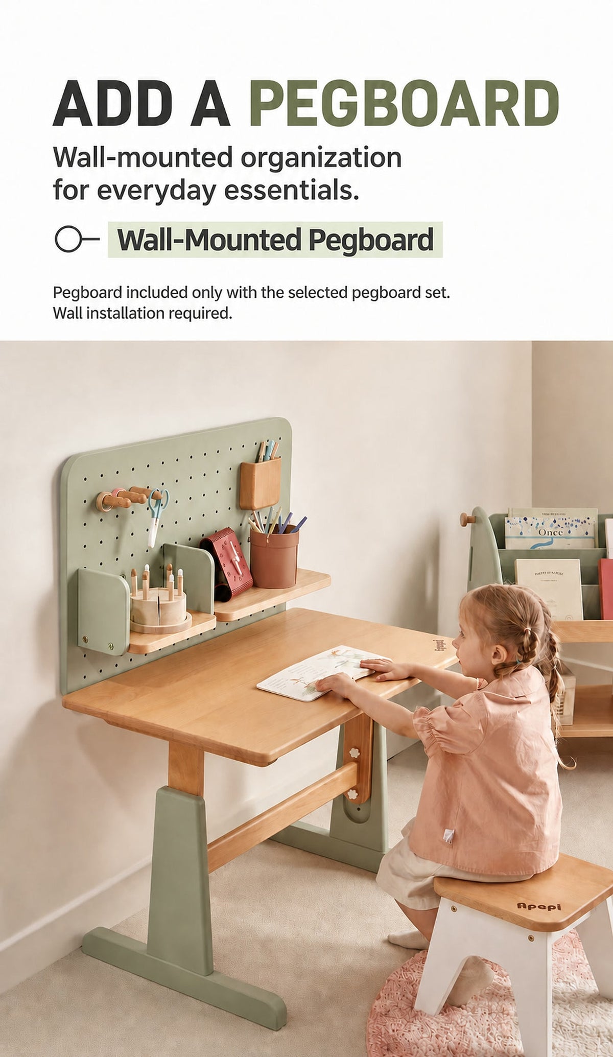  Desk below a wall-mounted pegboard for books and small accessories
