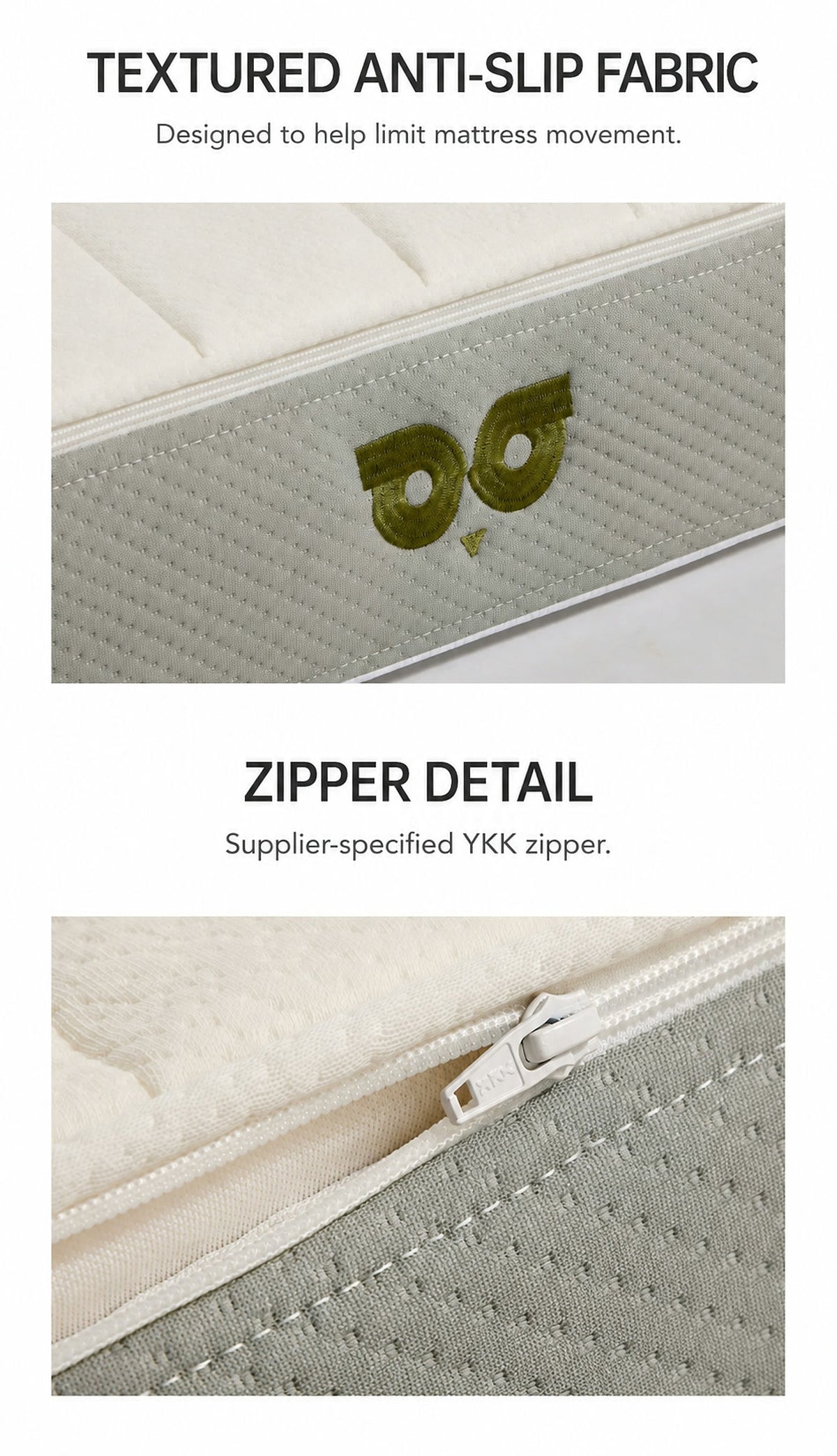  Textured mattress fabric and a close-up of the supplier-specified YKK zipper