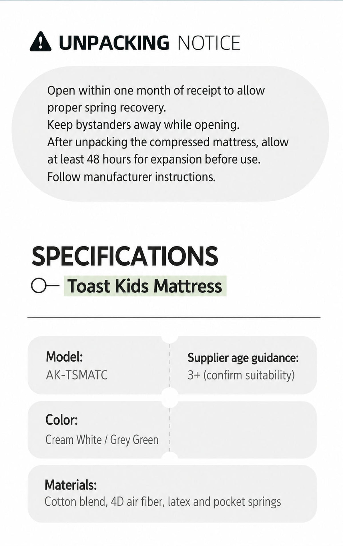  Mattress specifications and instructions to allow at least 48 hours for expansion