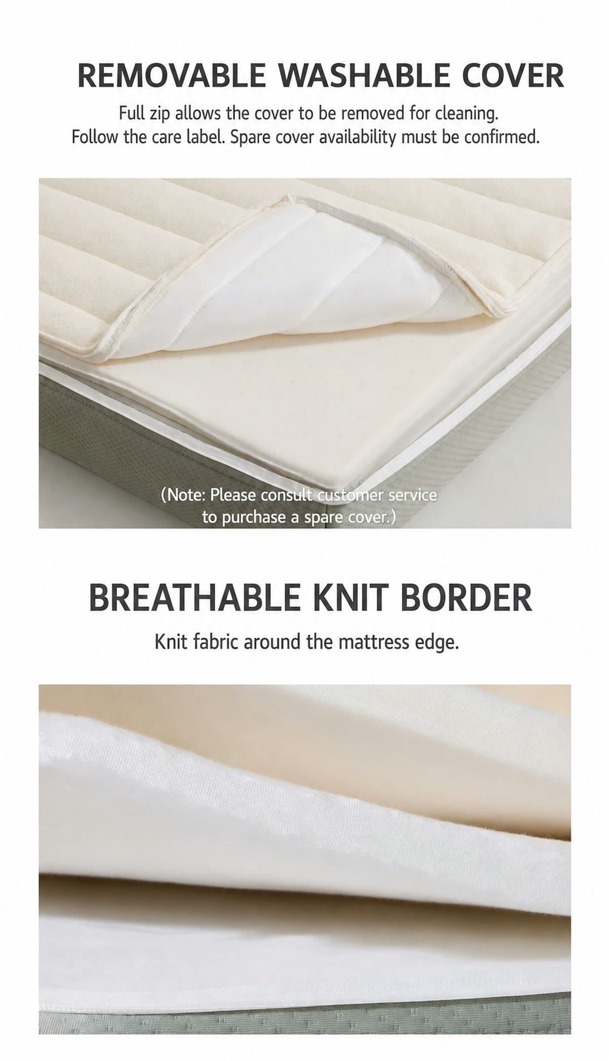  Removable washable mattress cover and breathable knit border close-ups