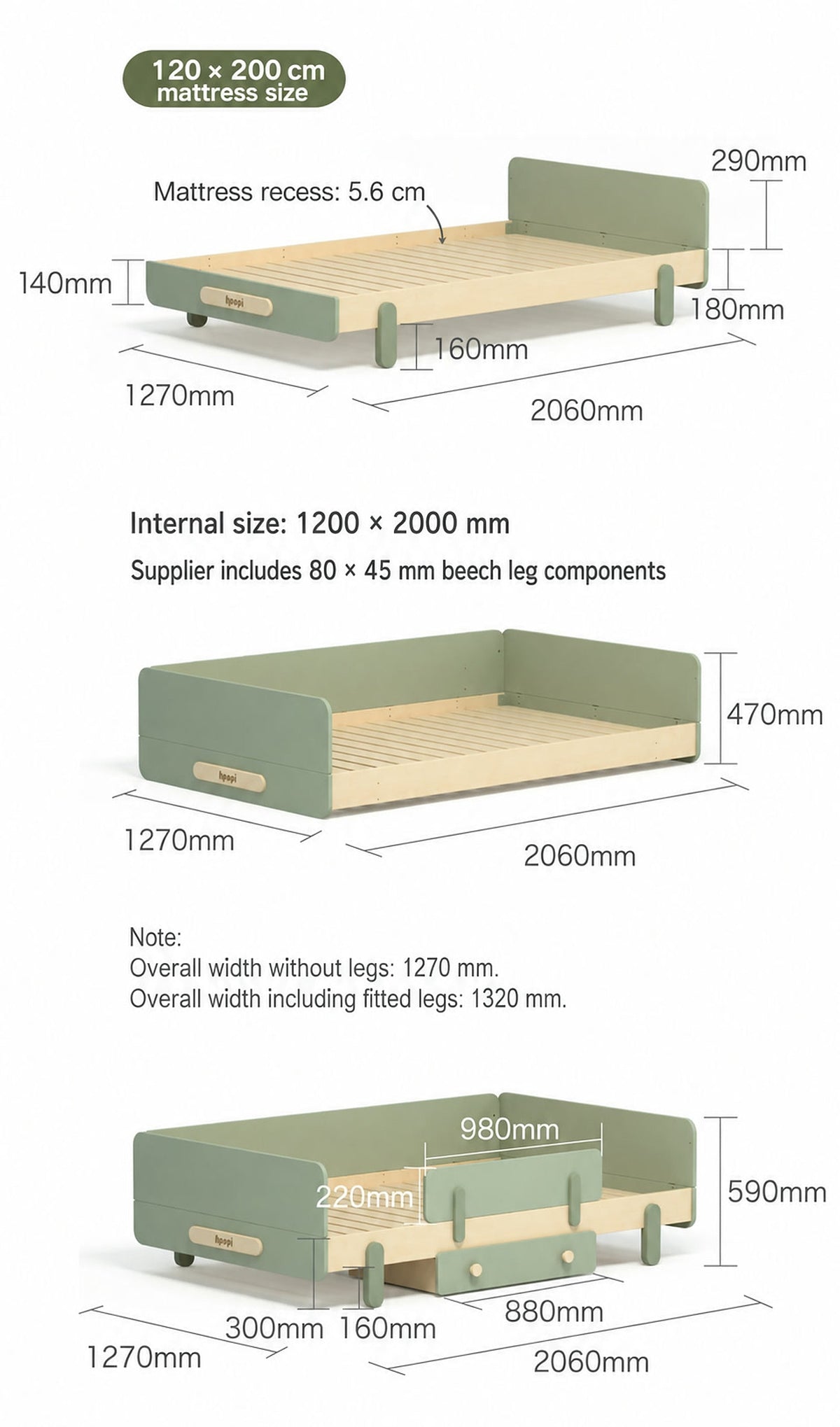  Dimensions for the 120 by 200 cm mattress-size bed and optional guard configurations