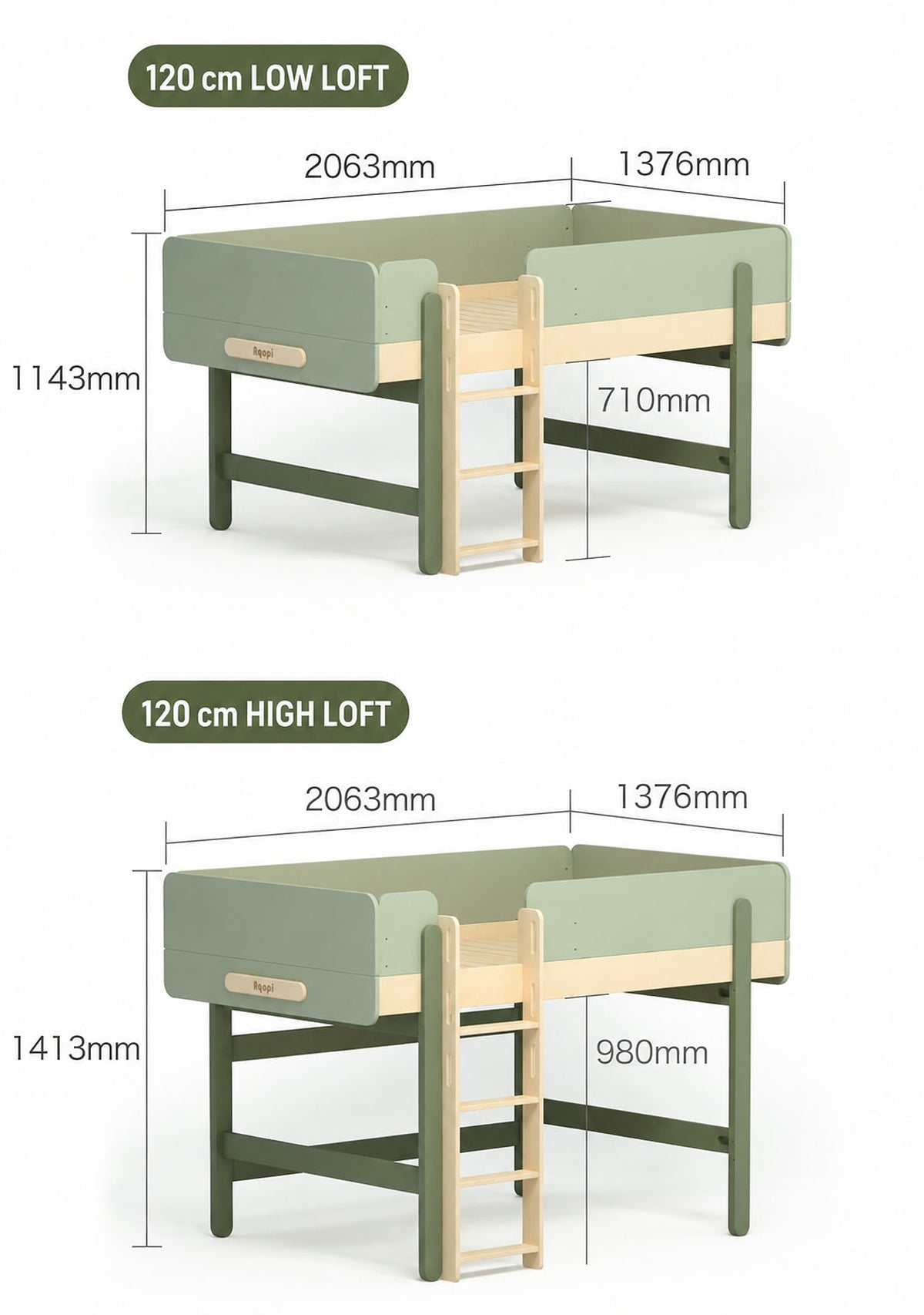 Optional 120 cm low and high loft dimensions with 710 and 980 mm clearances