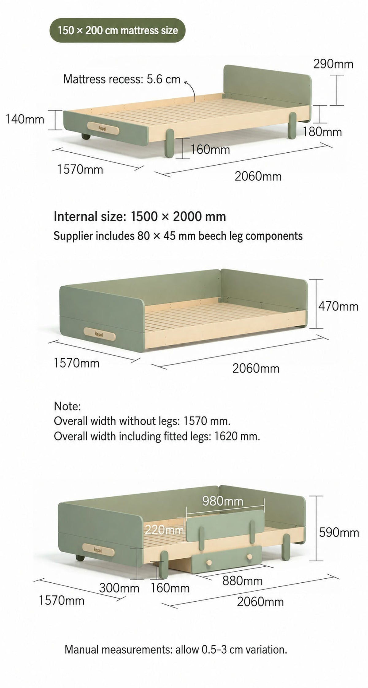  Dimensions for the 150 by 200 cm mattress-size bed and optional guard configurations
