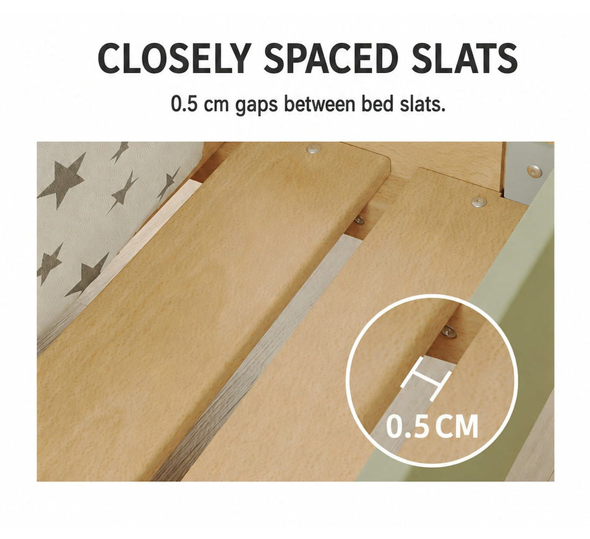  Bed slats with a supplier-stated 0.5 cm gap