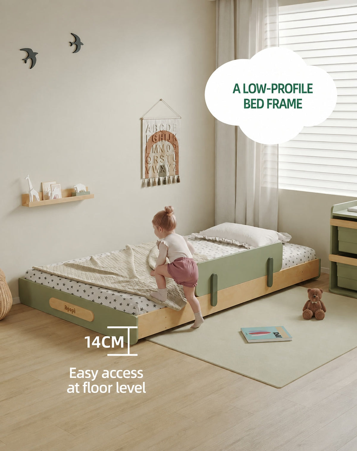  Low-profile floor-bed arrangement with a 14 cm height callout