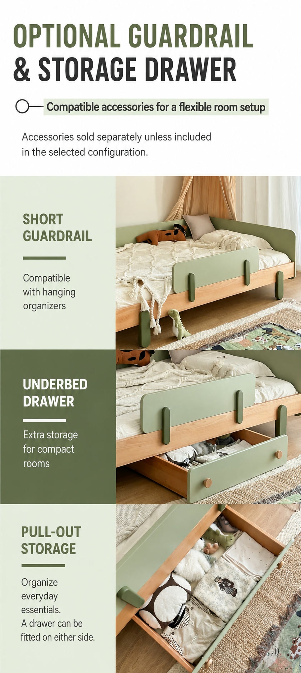  Optional short guardrail and pull-out storage drawer shown separately