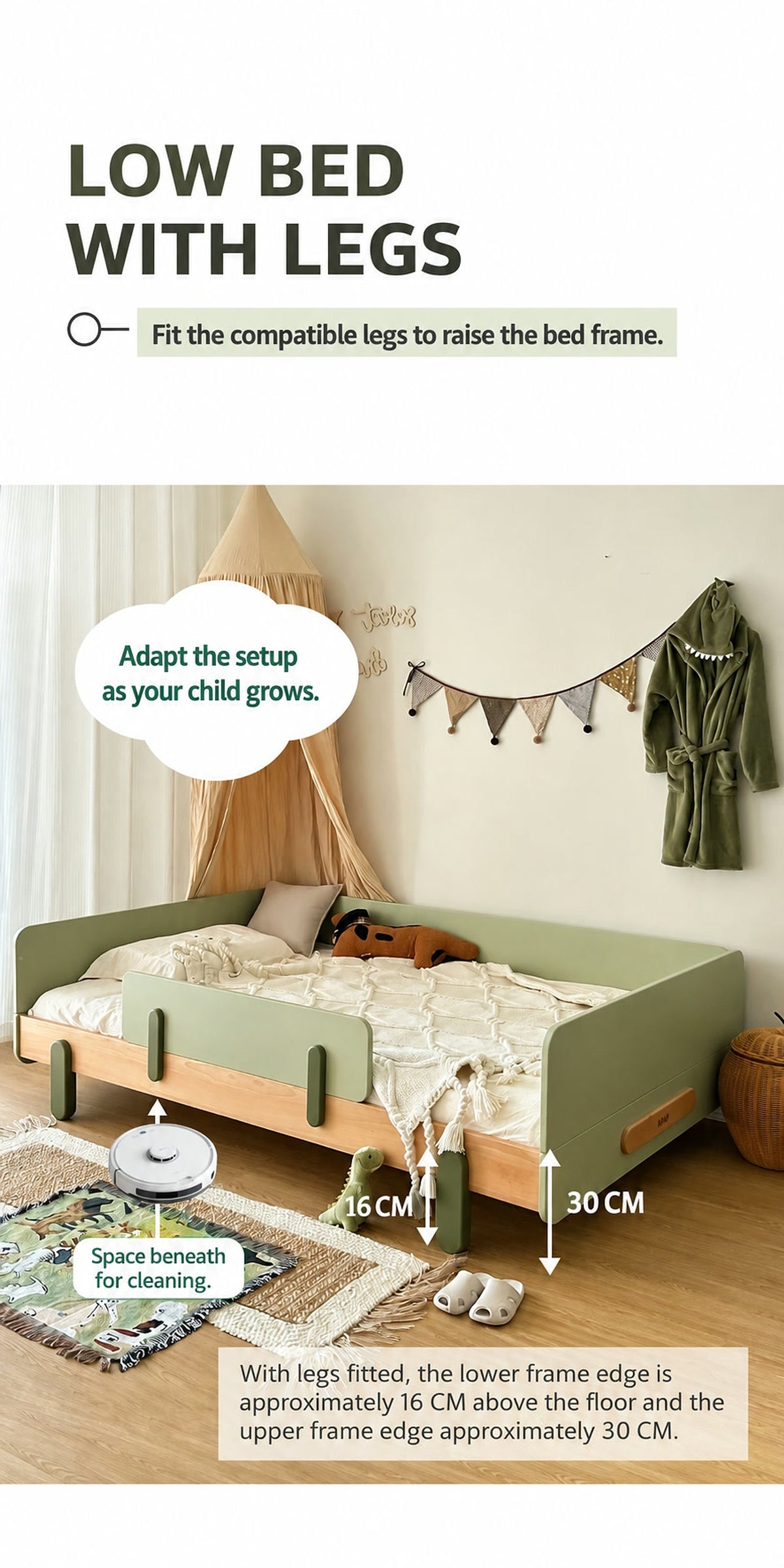  Raised low-bed arrangement with 16 cm under-bed clearance and 30 cm frame-edge callouts