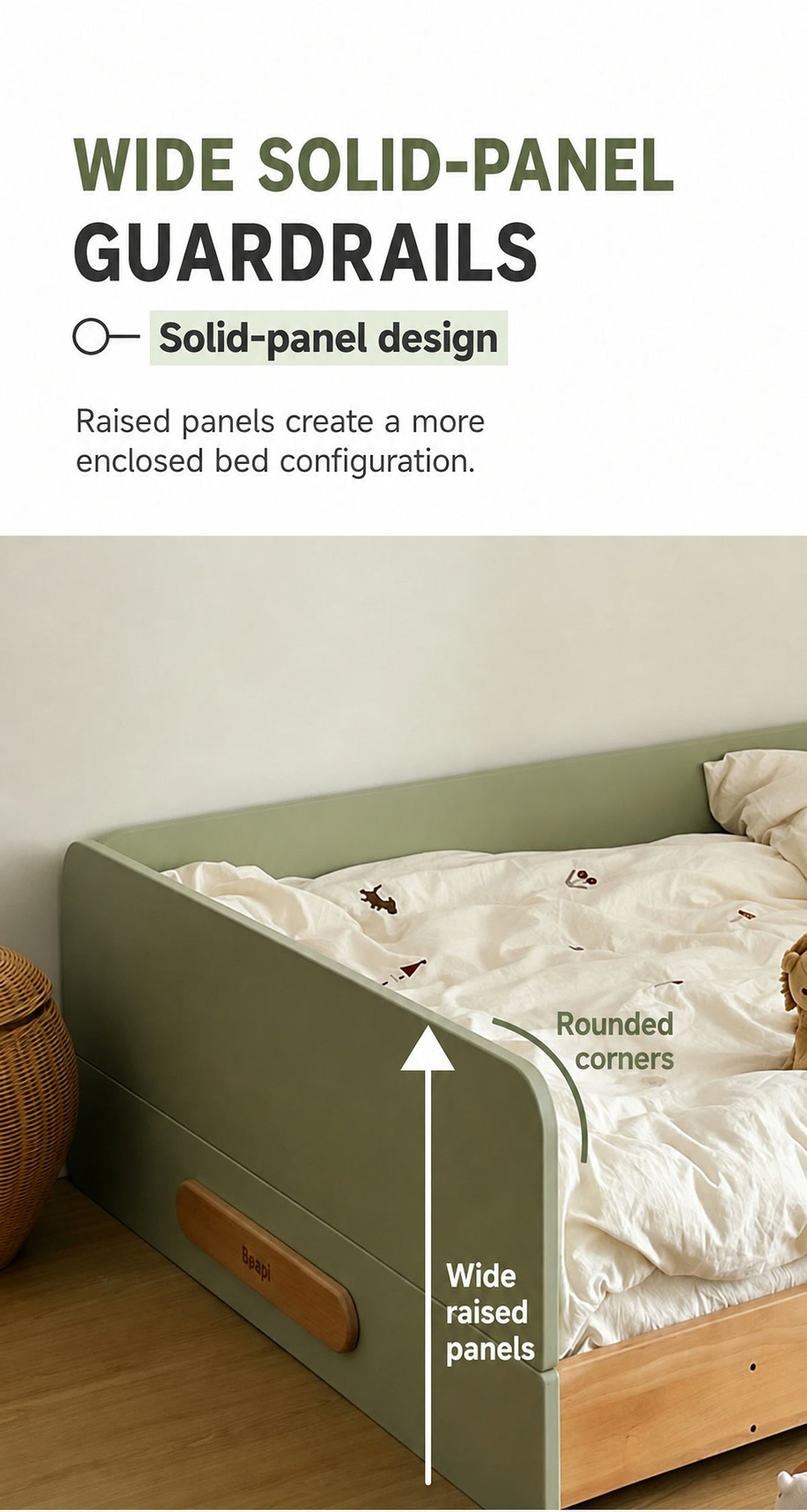  Close-up of optional wide solid-panel guardrails with rounded corners