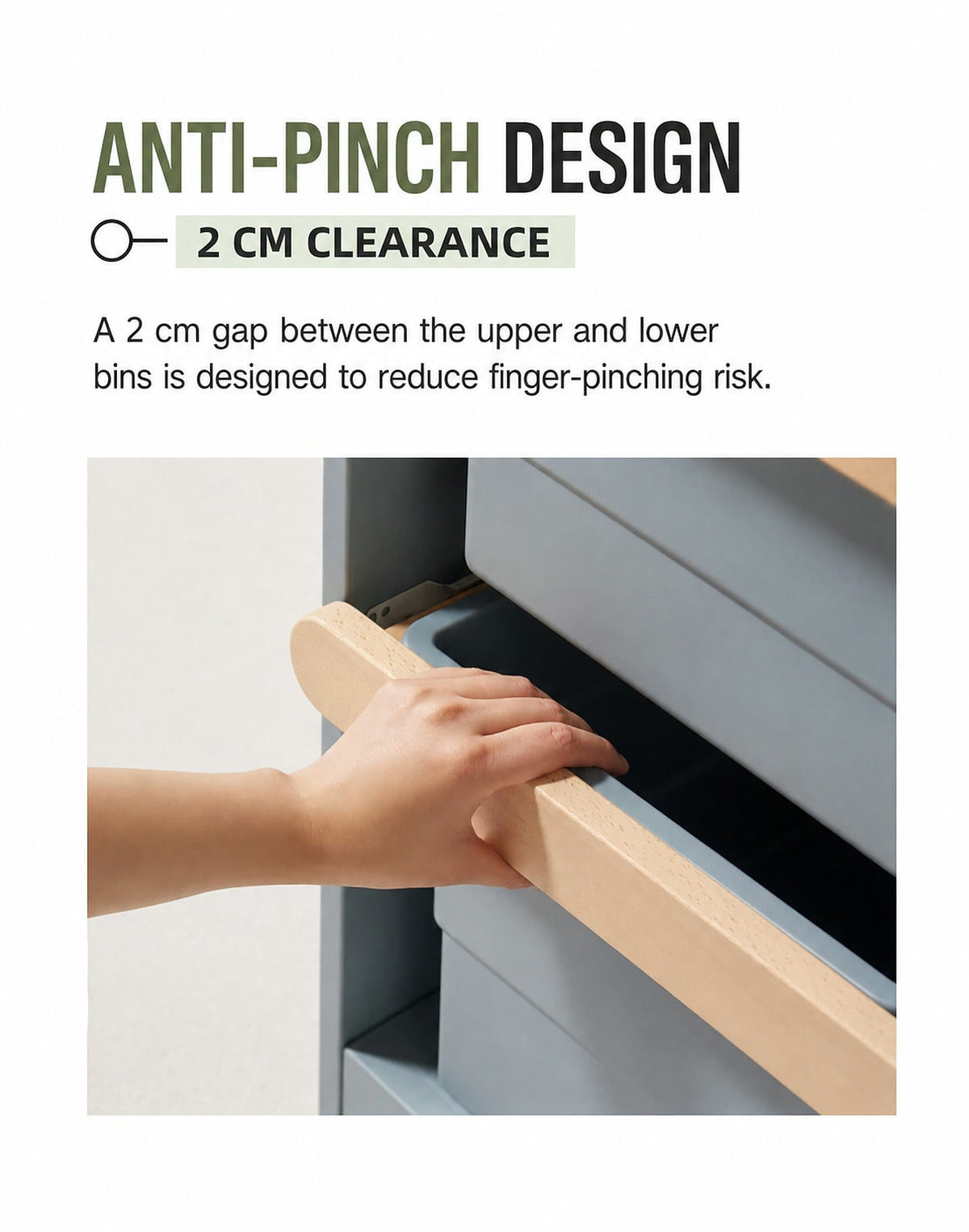  Close-up of the 2 cm gap between storage bins