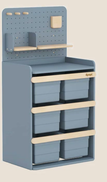 Blueberry six-bin storage cabinet with matching pegboard and wood shelf