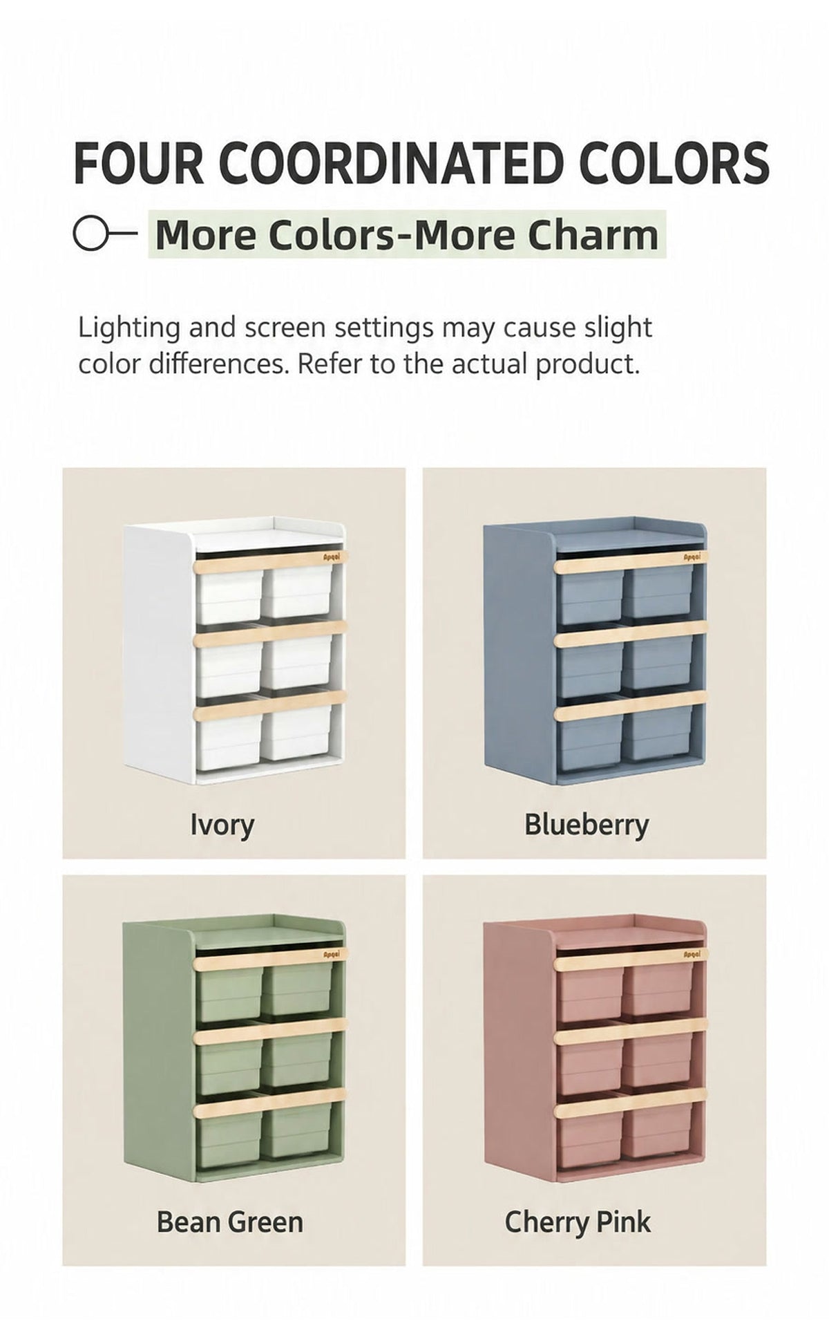  Ivory, Blueberry, Bean Green and Cherry Pink cabinet colors