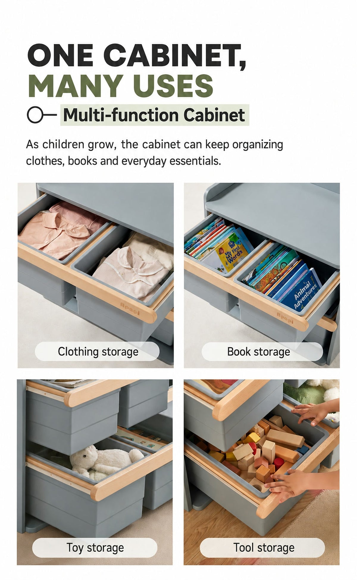  Examples of bins used for clothes, books, toys and small tools