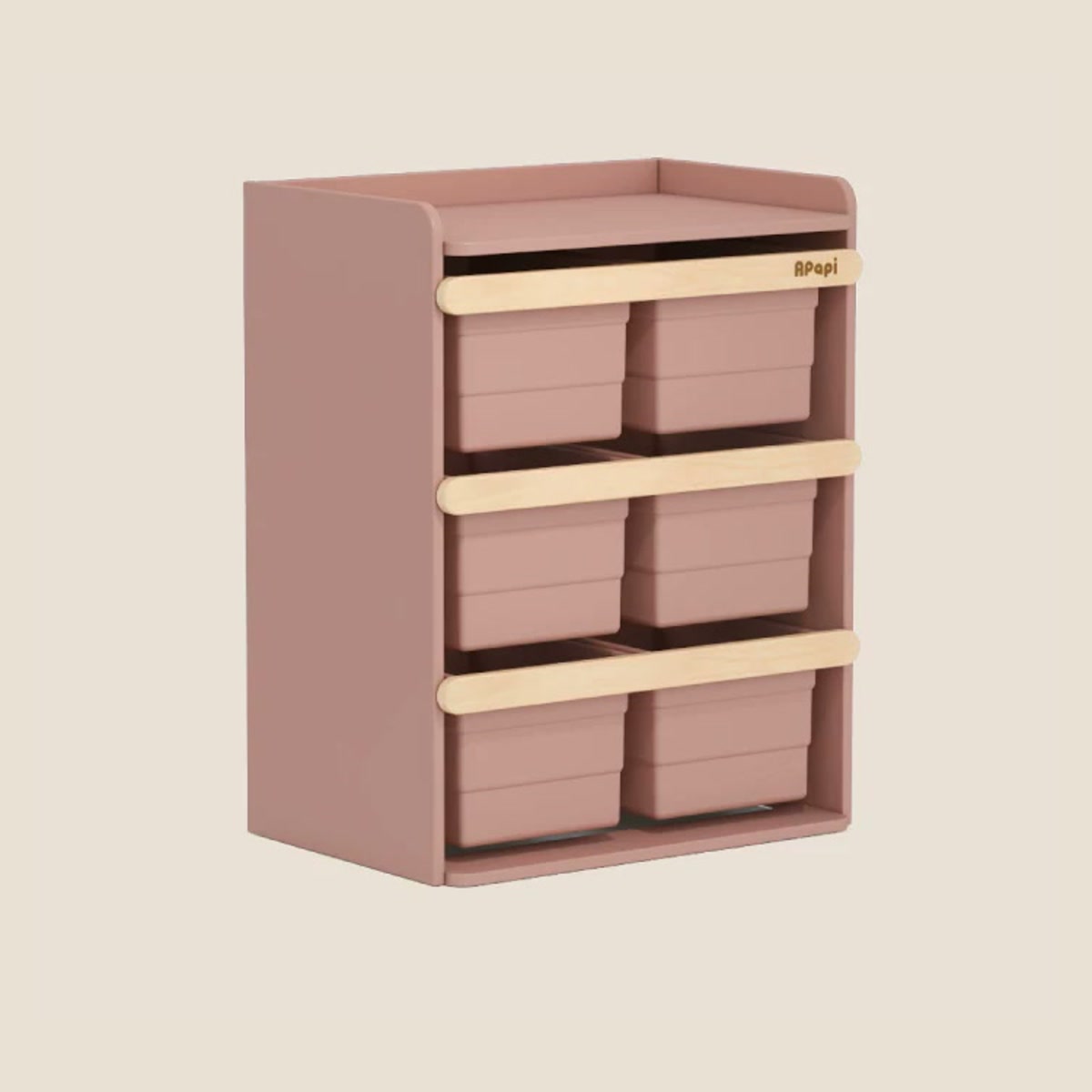Cherry Pink six-bin storage cabinet with natural wood front rails