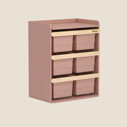  Cherry Pink six-bin storage cabinet with natural wood front rails