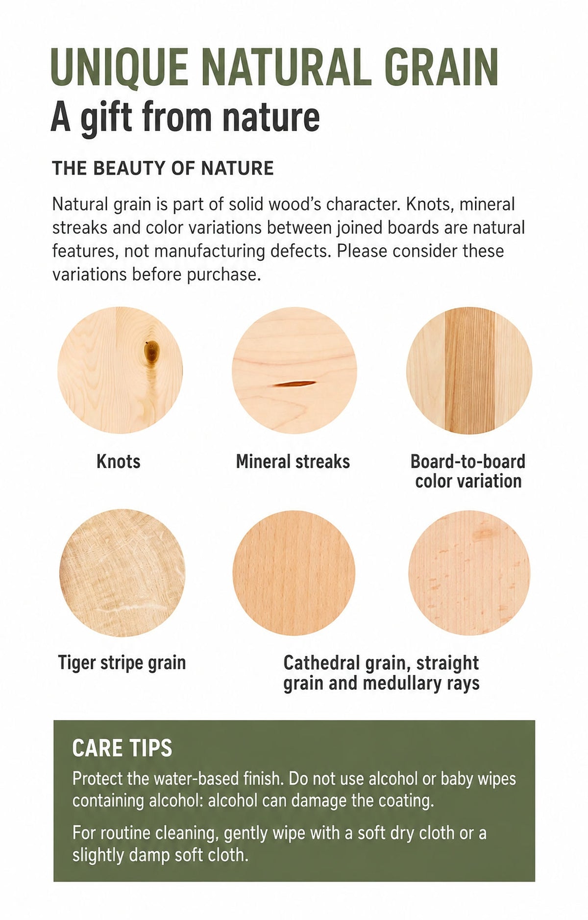  Examples of natural wood grain and finish care instructions