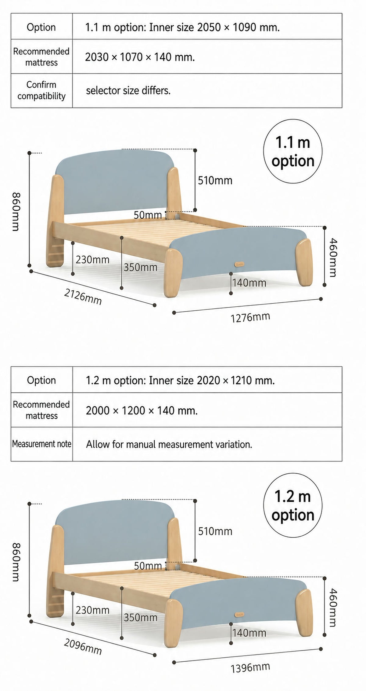  Separate frame and mattress dimensions for 1.1 m and 1.2 m options