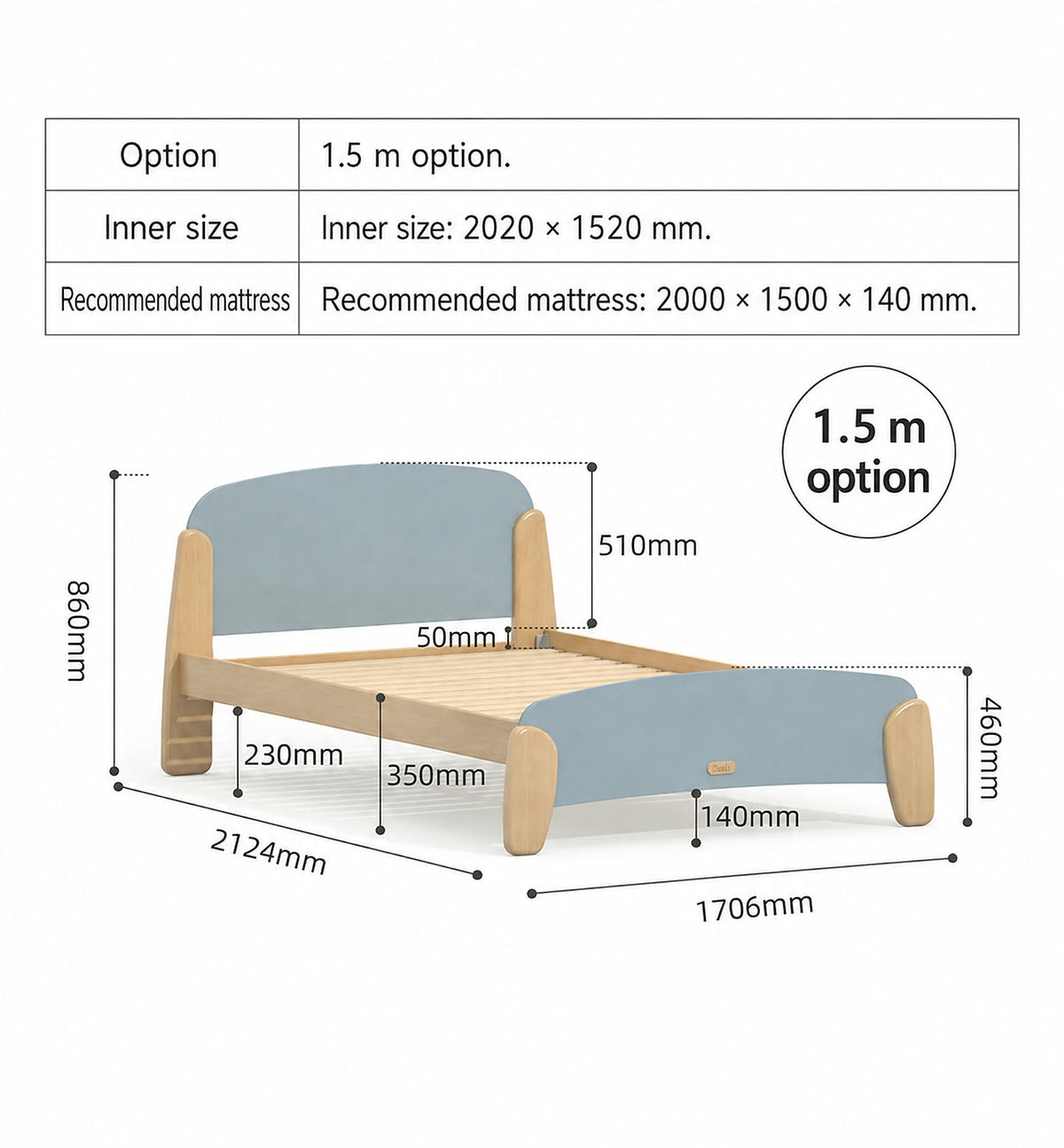  Frame and recommended mattress dimensions for the 1.5 m bed option