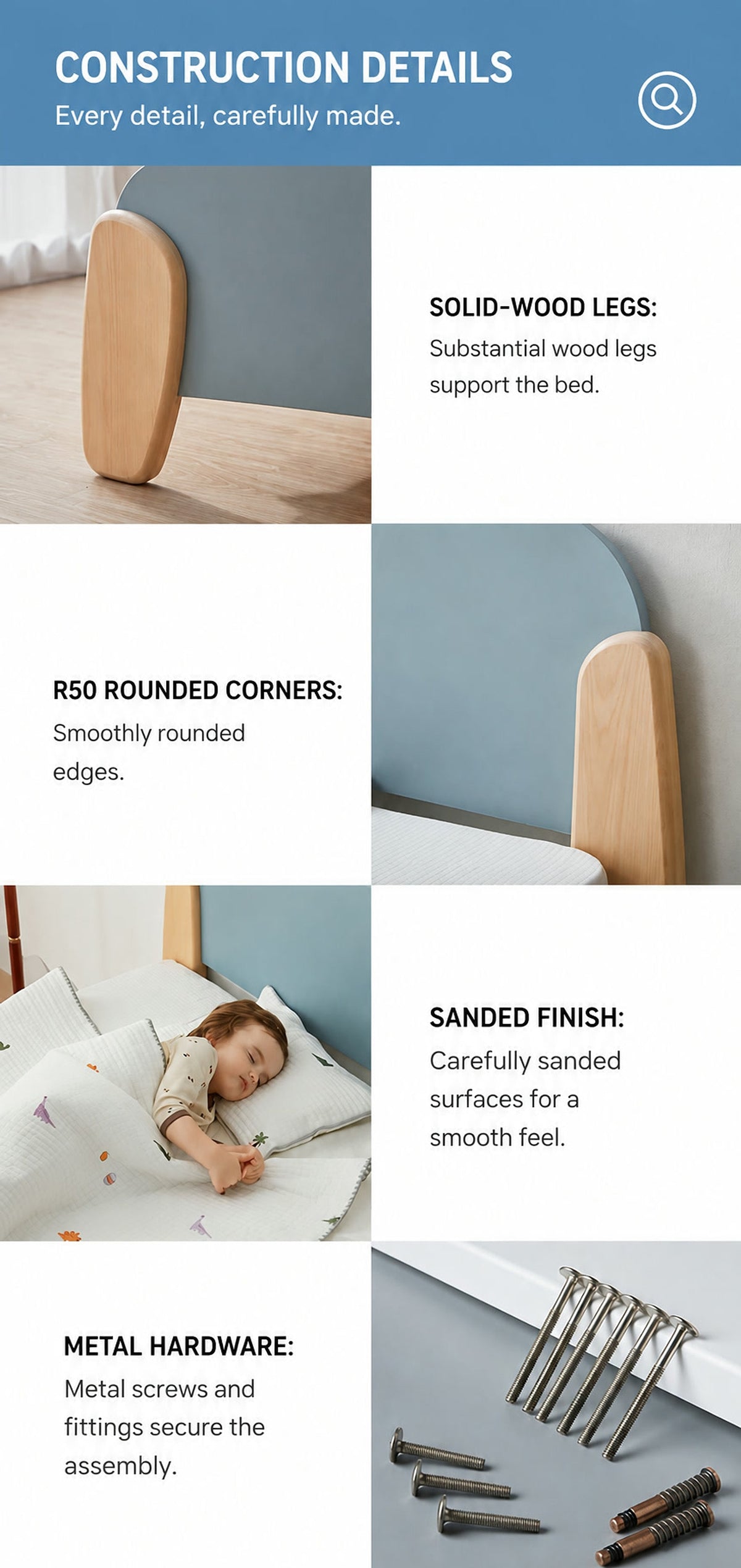  Solid-wood legs, rounded panel corners, sanded finish and metal hardware