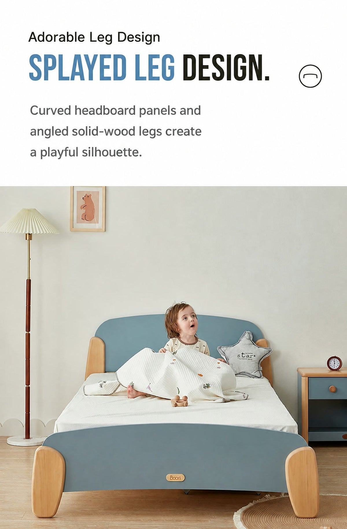  Angled solid-wood legs and curved headboard in a bedroom scene