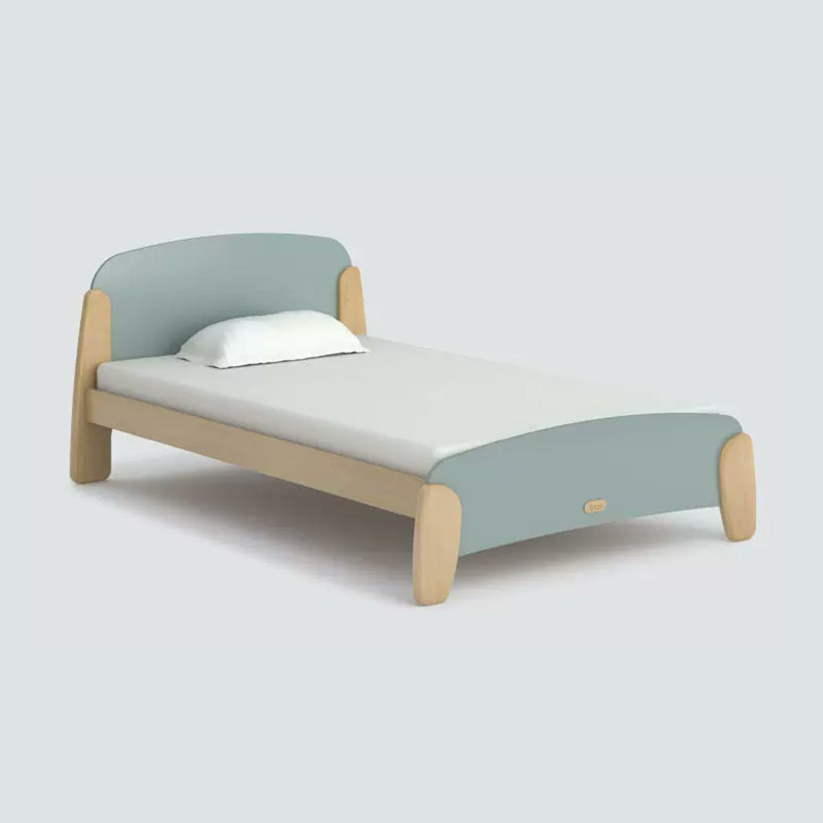 Blueberry Sunshine bed with rounded headboard and splayed legs; bedding shown for styling