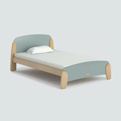  Blueberry Sunshine bed with rounded headboard and splayed legs; bedding shown for styling