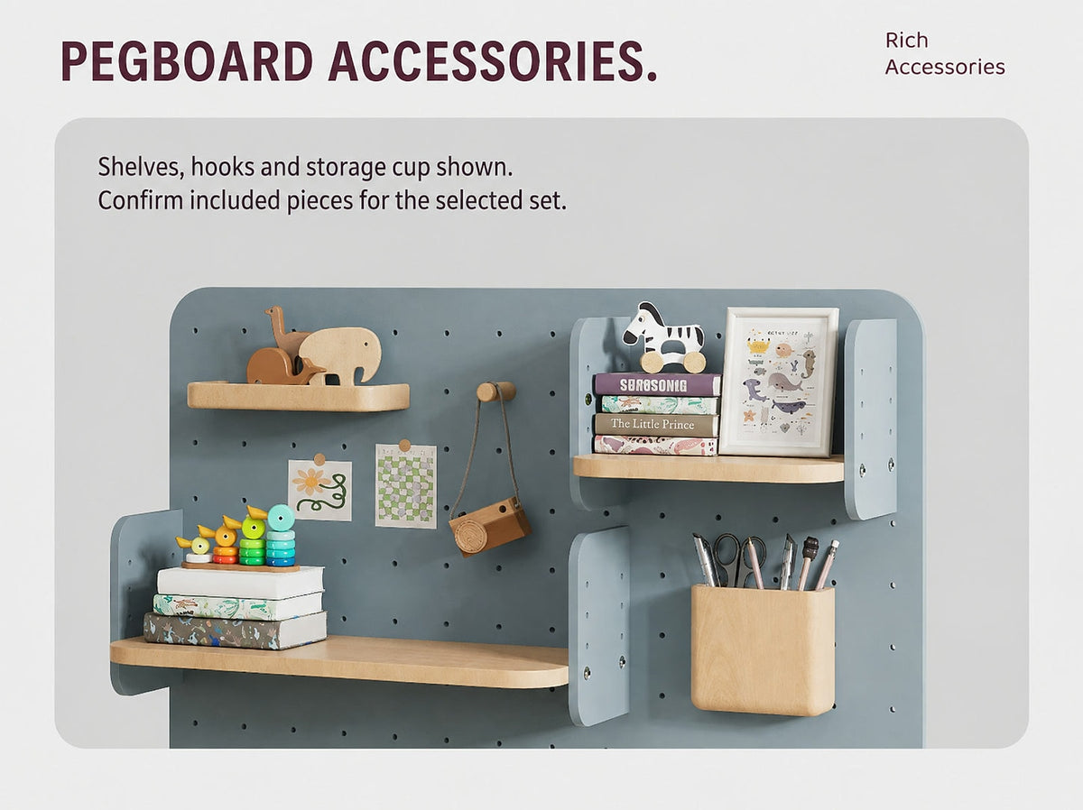  Pegboard shelves, cup and hooks shown as accessory examples