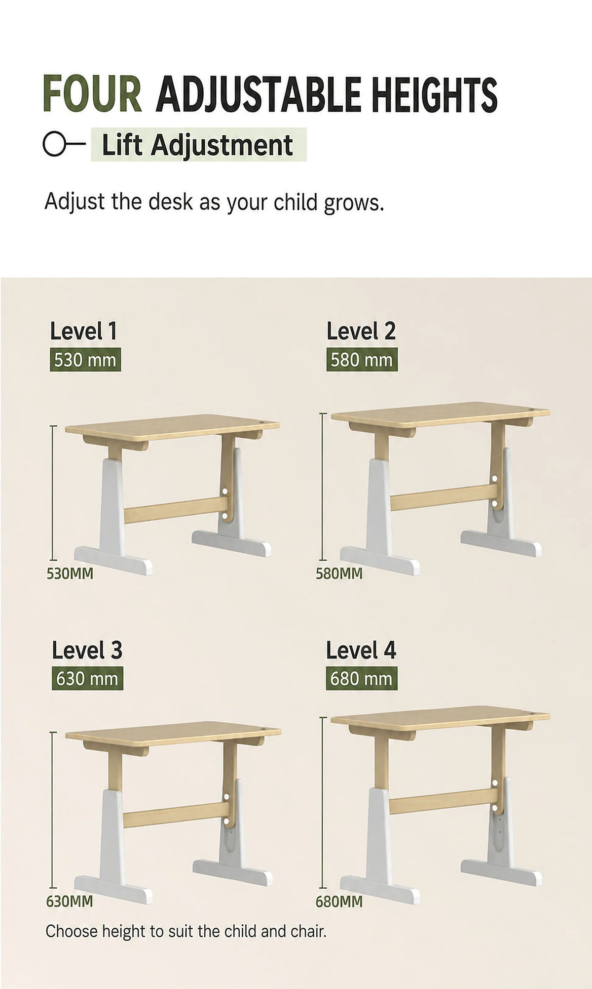  Four desk heights of 530, 580, 630 and 680 mm