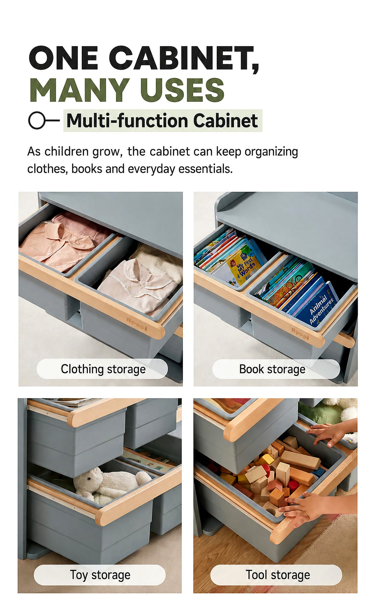  Removable bins used for clothing, books, toys and small household items