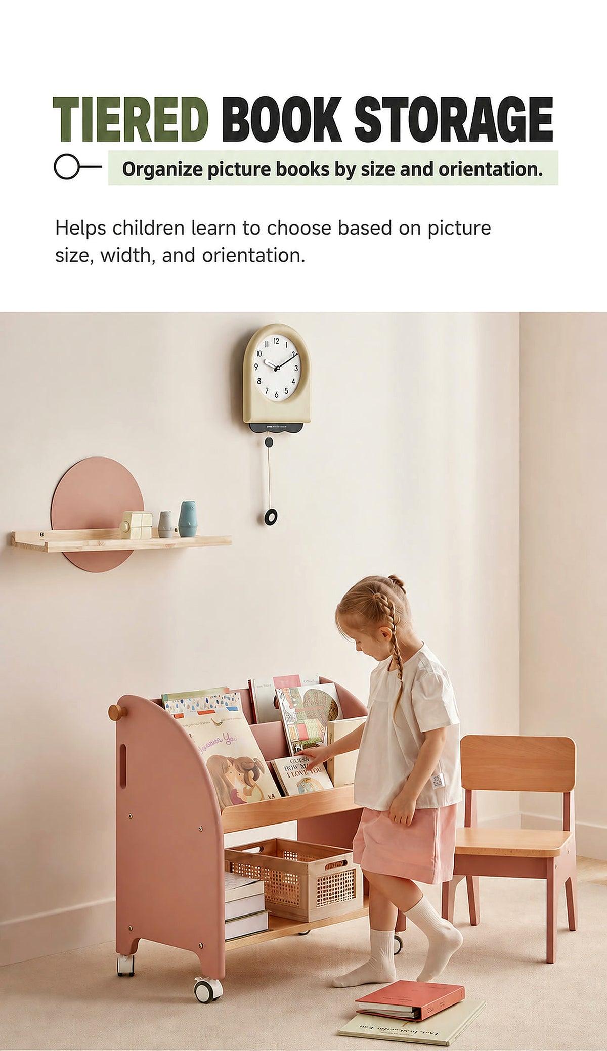  Tiered display separating picture books by size and orientation