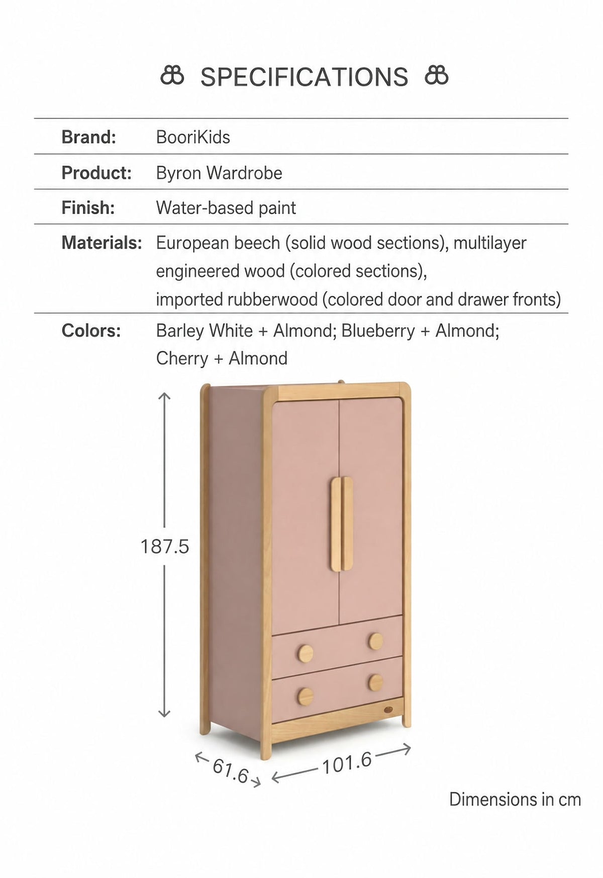  Wardrobe materials and dimensions of 101.6 by 61.6 by 187.5 cm