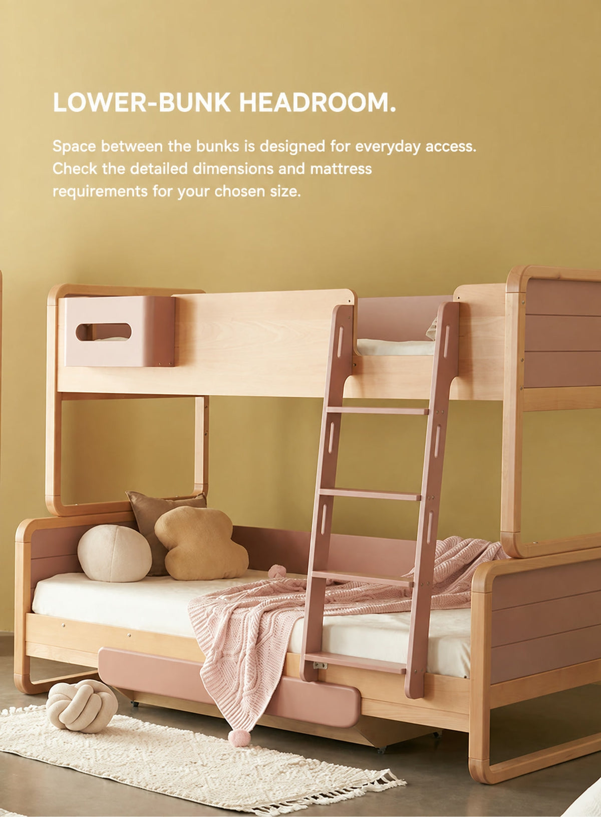  Space between the lower sleeping area and upper bunk in a bedroom scene