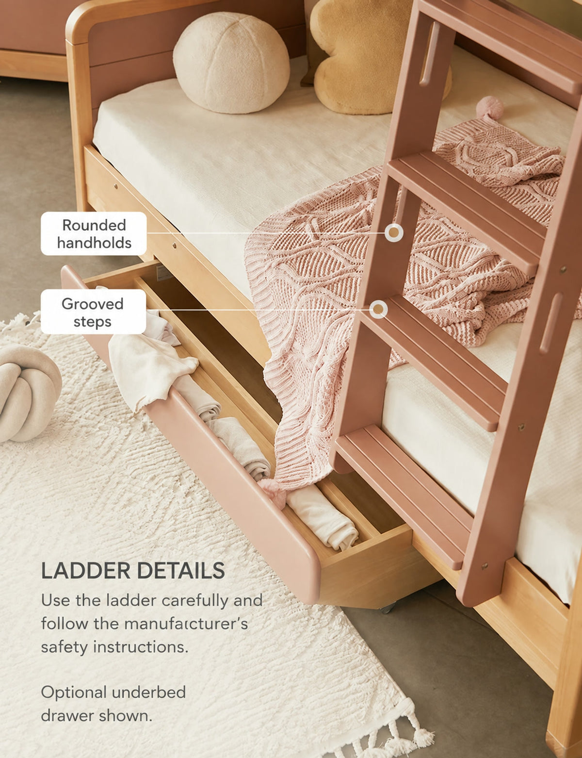 Grooved ladder steps, rounded handholds and optional underbed drawer