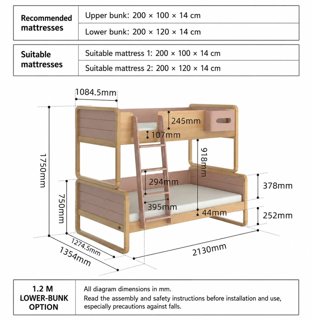  1.2 m lower-bunk configuration with 100 cm upper and 120 cm lower mattresses