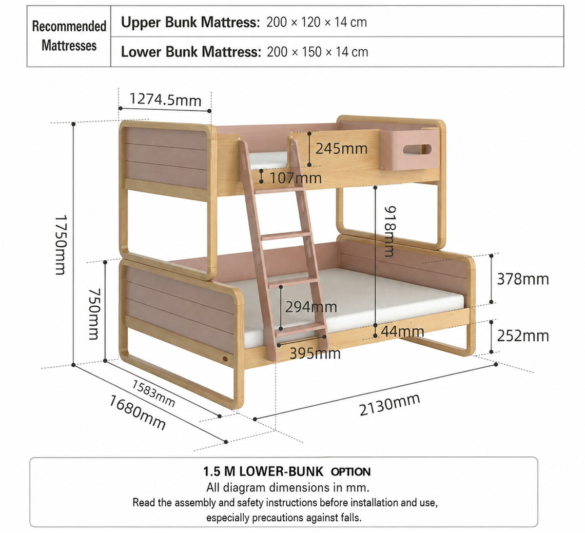  1.5 m lower-bunk configuration with 120 cm upper and 150 cm lower mattresses