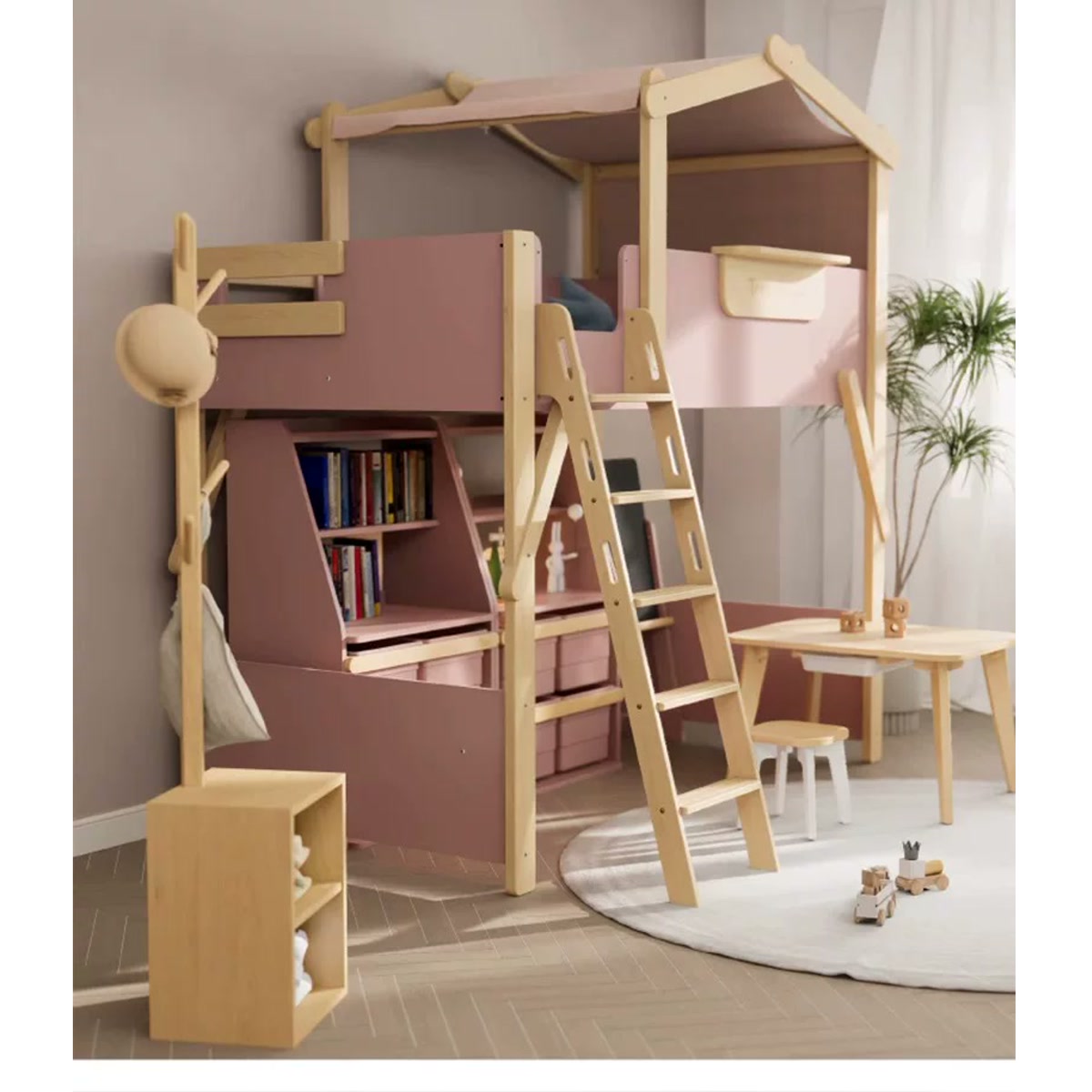 Cherry and natural beech treehouse loft in a styled room with a front ladder