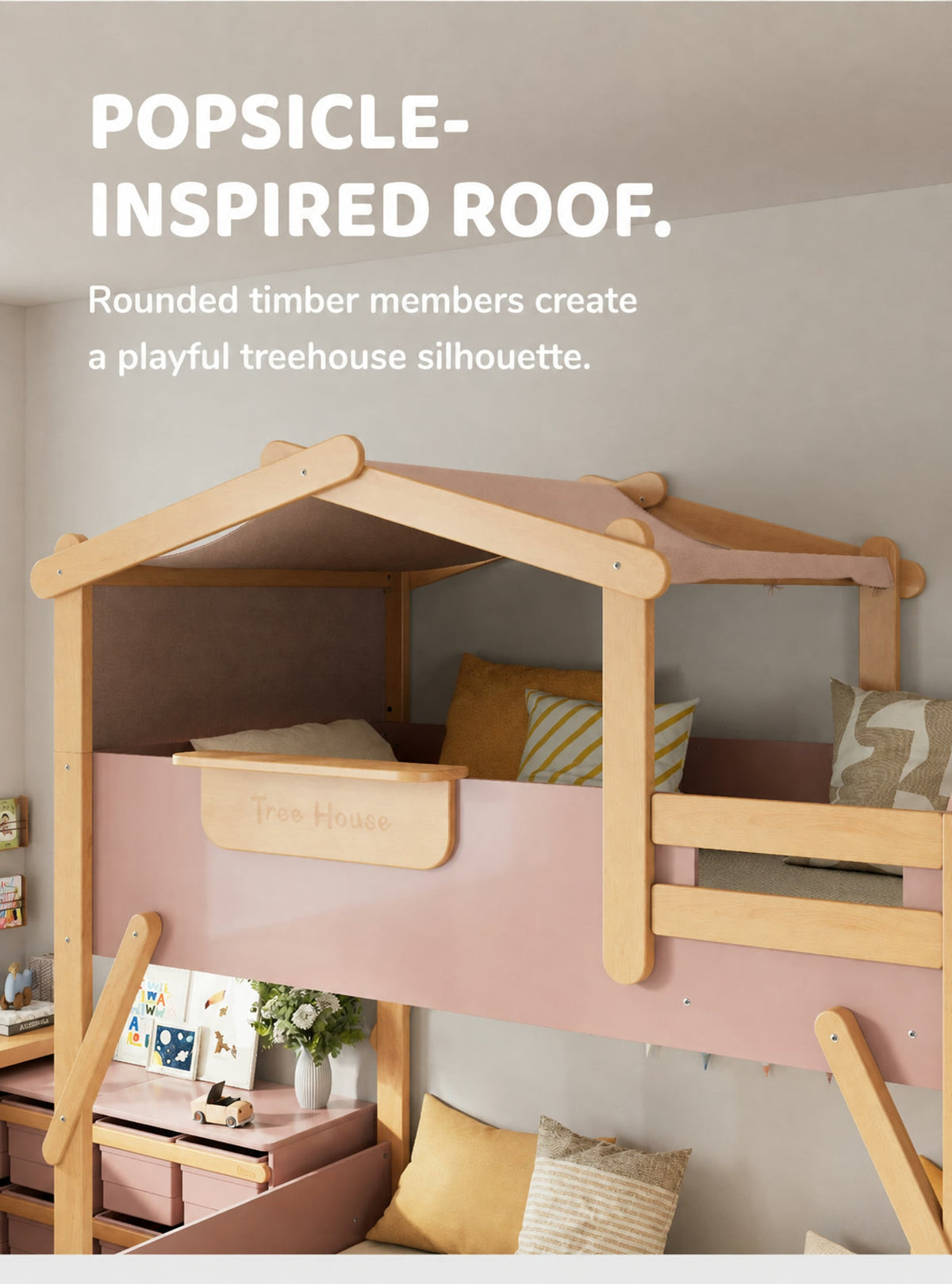  Rounded timber roof members and upper side panels of the treehouse bed