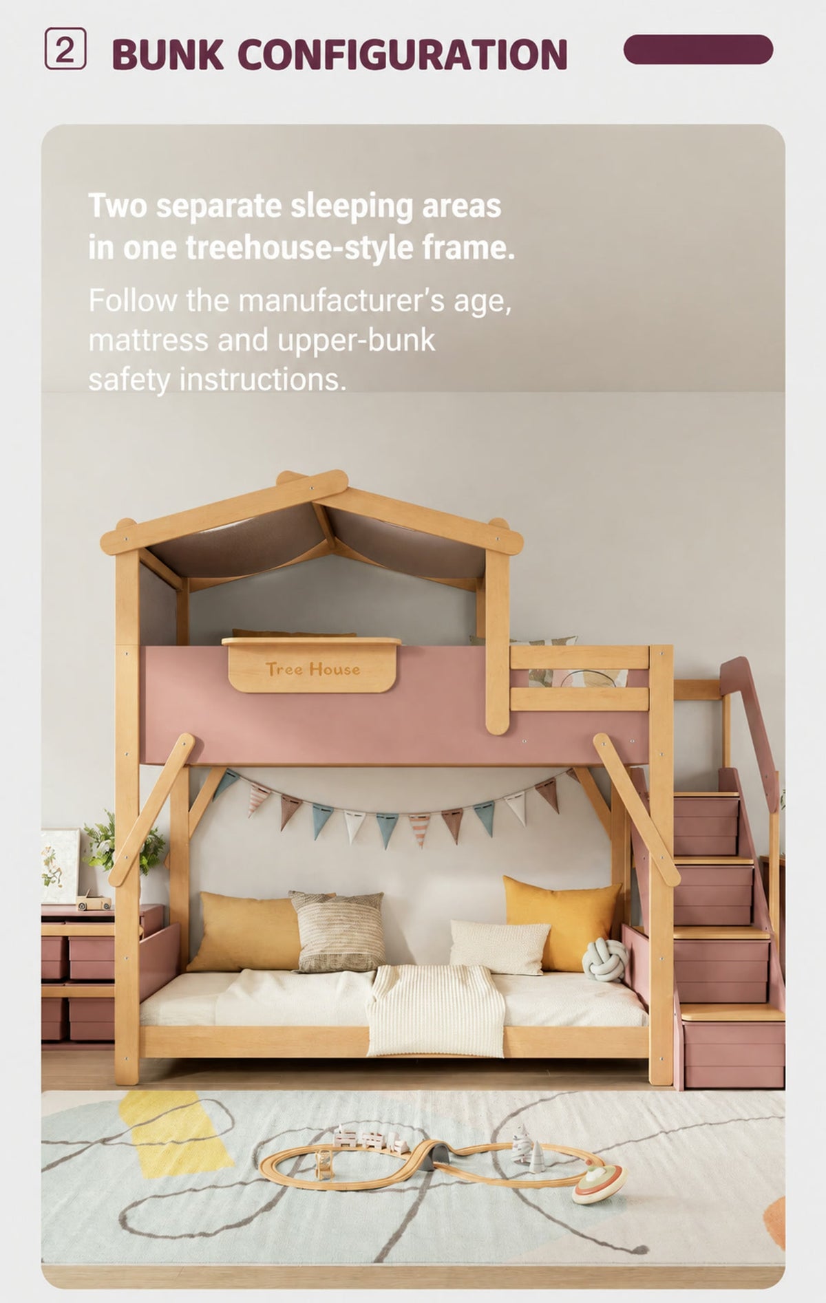  Two sleeping levels in a treehouse-style bunk configuration