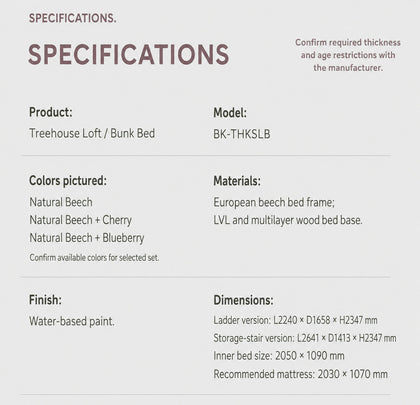 Treehouse bed materials, two frame sizes and recommended mattress footprint