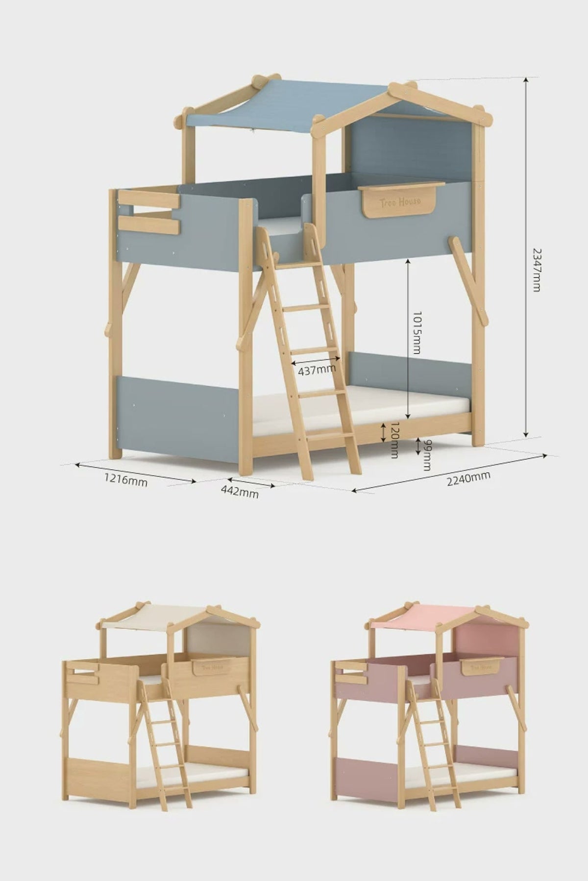  Ladder loft measuring 2240 by 1658 by 2347 mm with three color examples