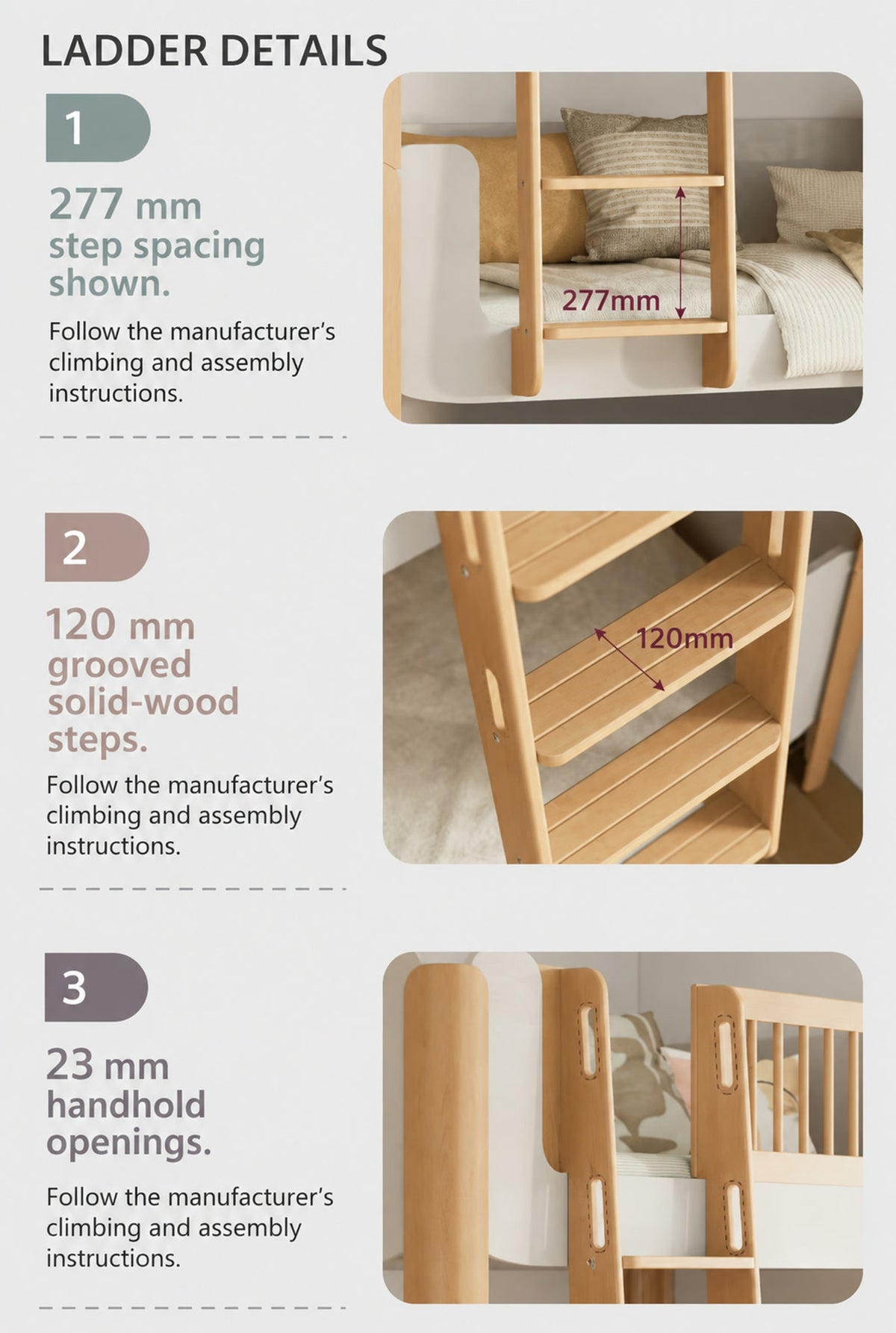  Ladder step spacing, grooved step depth and handhold openings