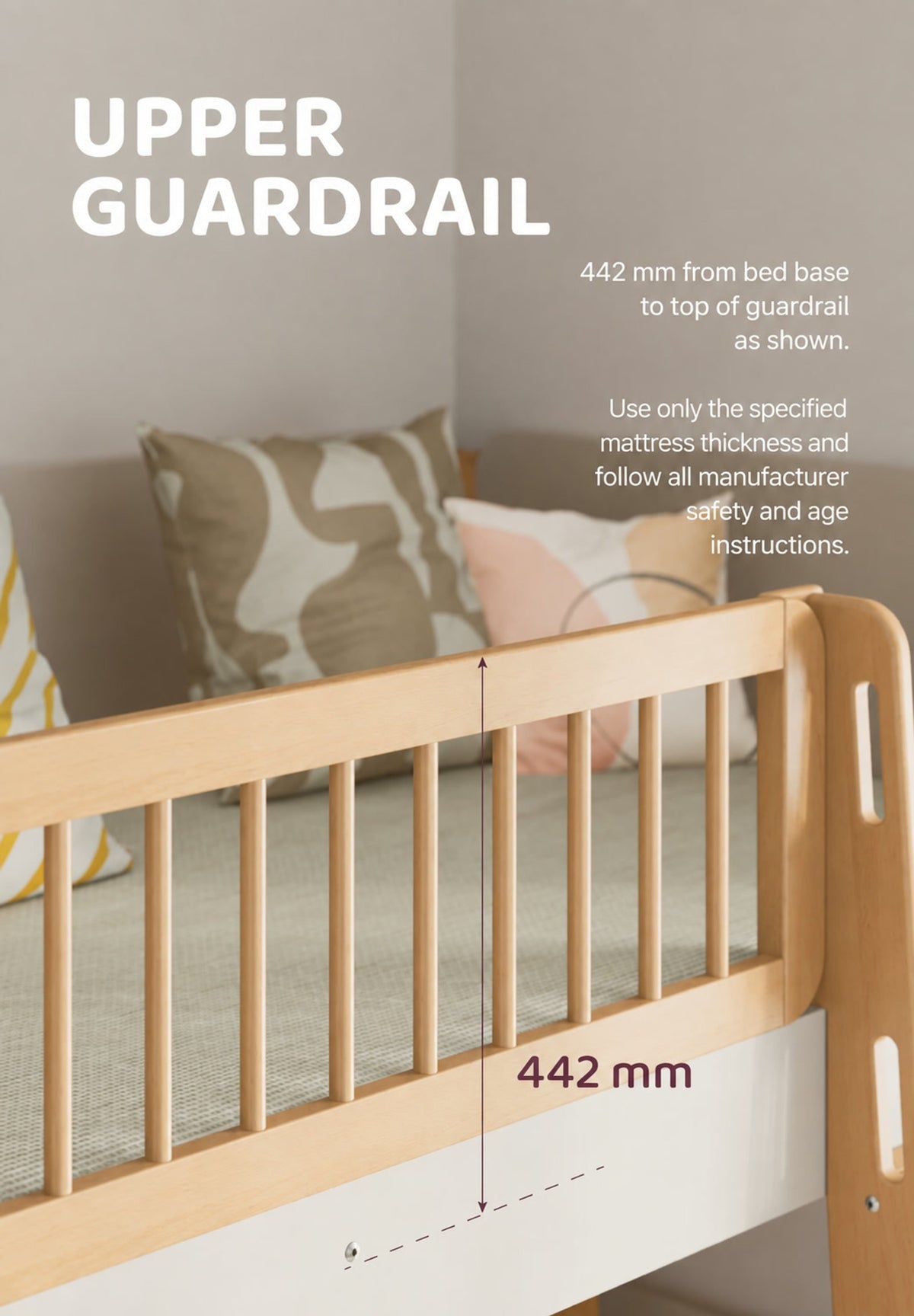  Upper guardrail with a 442 mm reference measured from the bed base
