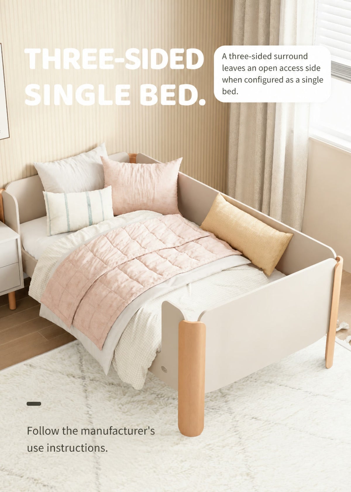  Single-bed arrangement with three enclosed sides and one access side