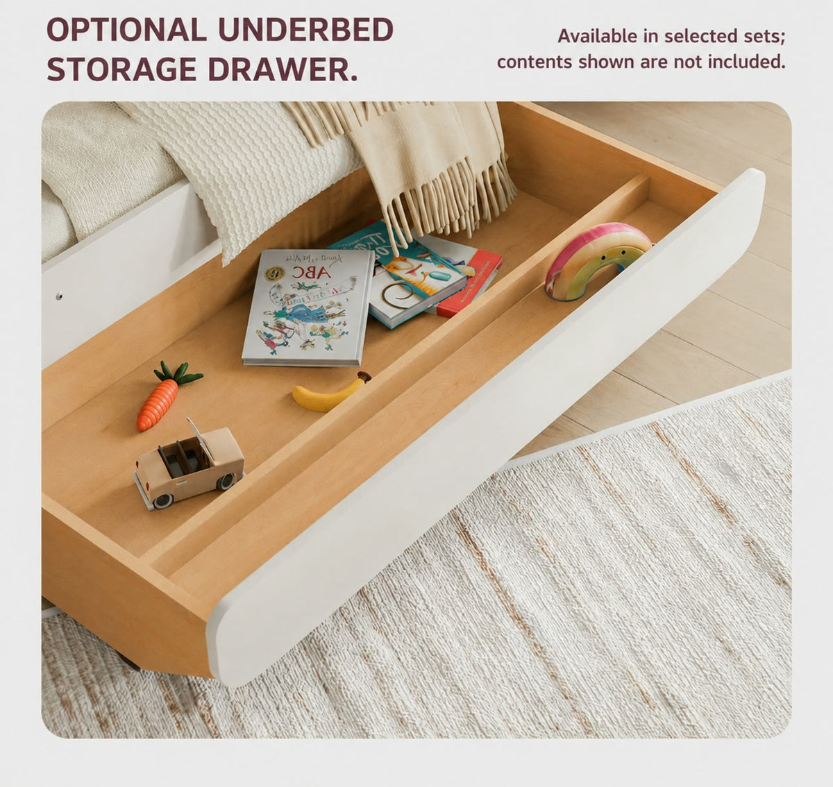  Optional underbed storage drawer shown pulled out