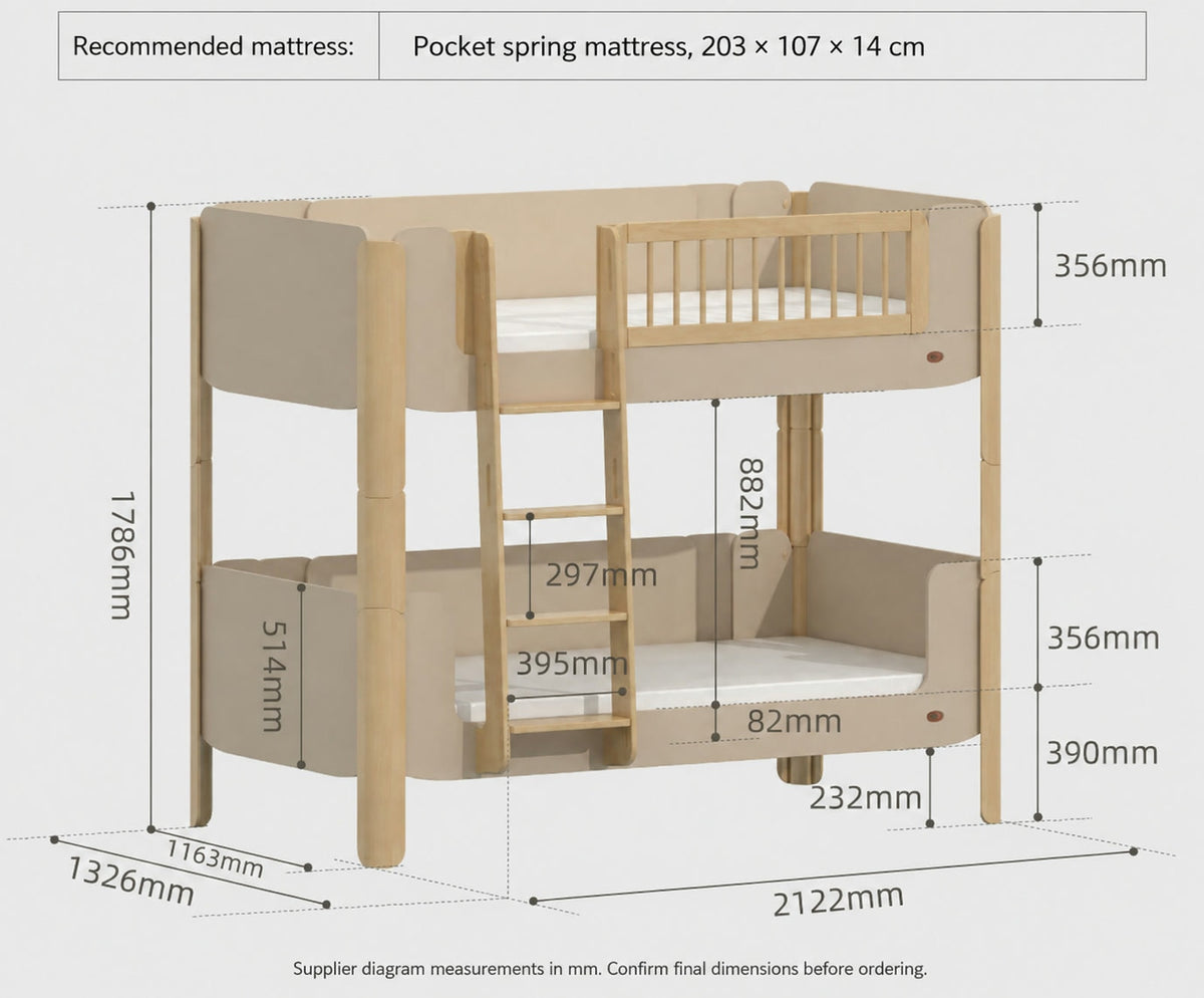  Bunk-bed dimension diagram, with version differences noted in the description