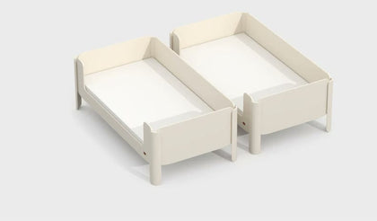  Two separated single beds in an all-white source illustration; confirm supplied finish