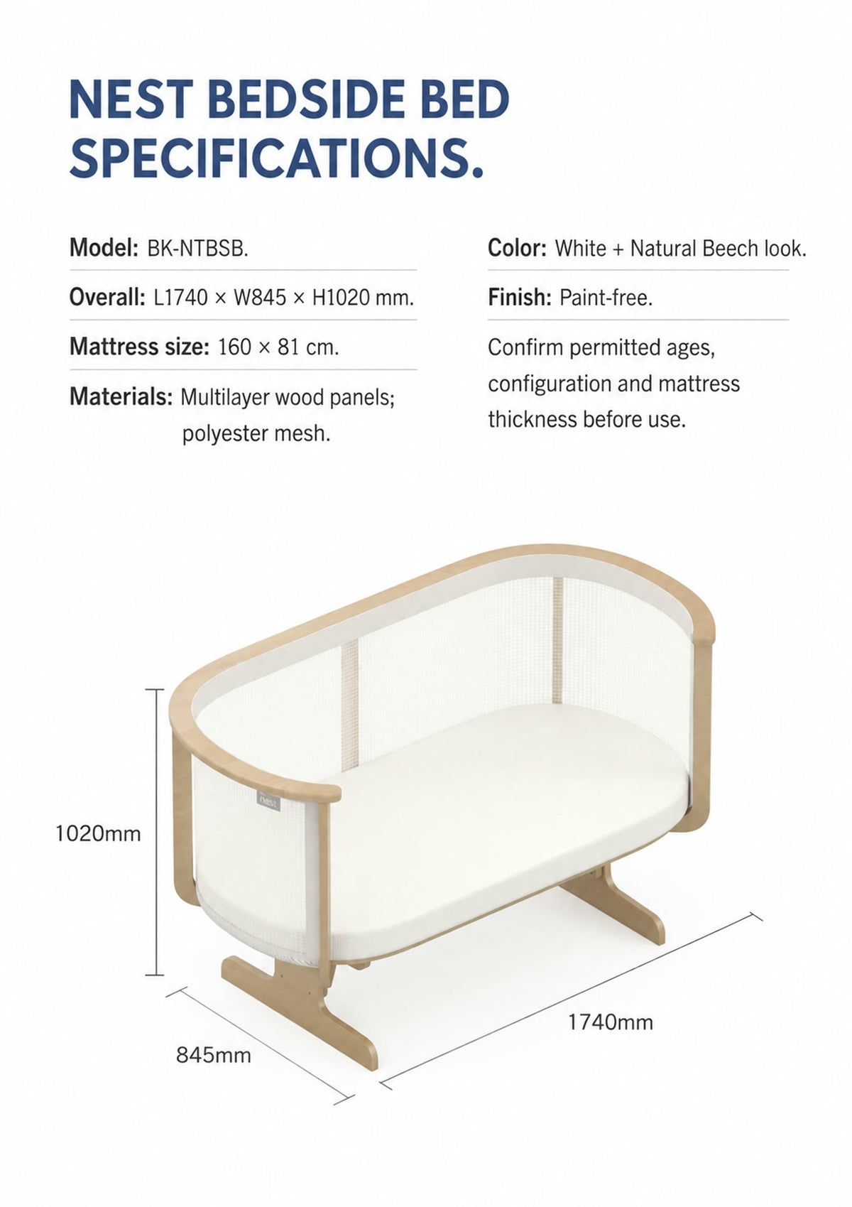  Nest bed diagram showing overall dimensions and mattress footprint