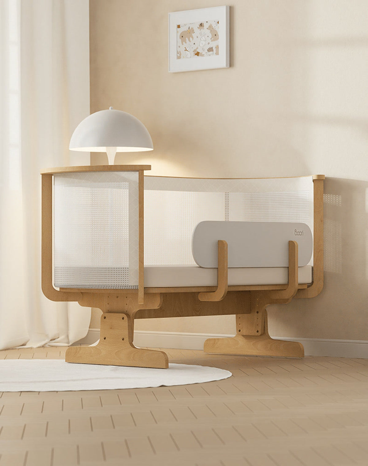  Side view of the Nest bedside bed with optional front guardrail and I-shaped base
