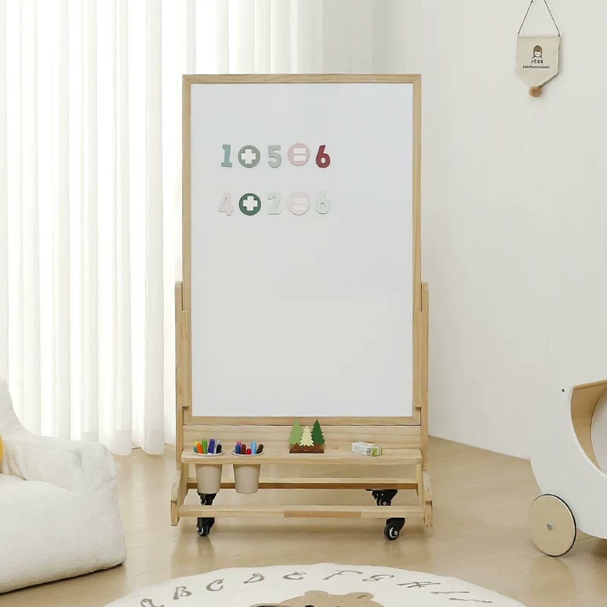 Rectangular magnetic whiteboard on a natural pine rolling stand