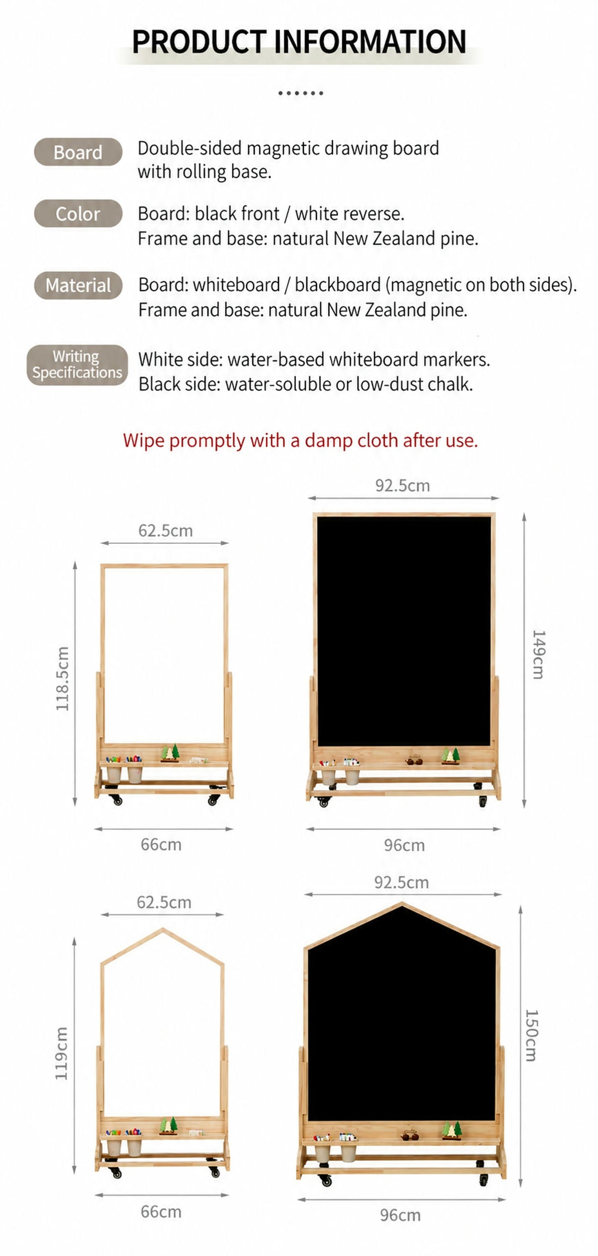  Material, writing-tool and rolling-board dimension summary
