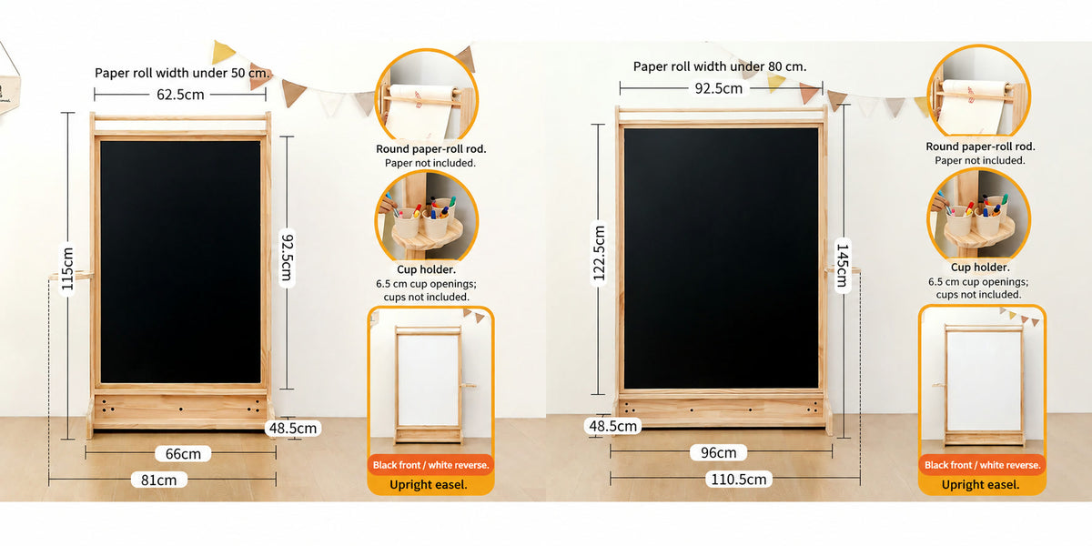  Small and large paper-roll easels with width and height measurements